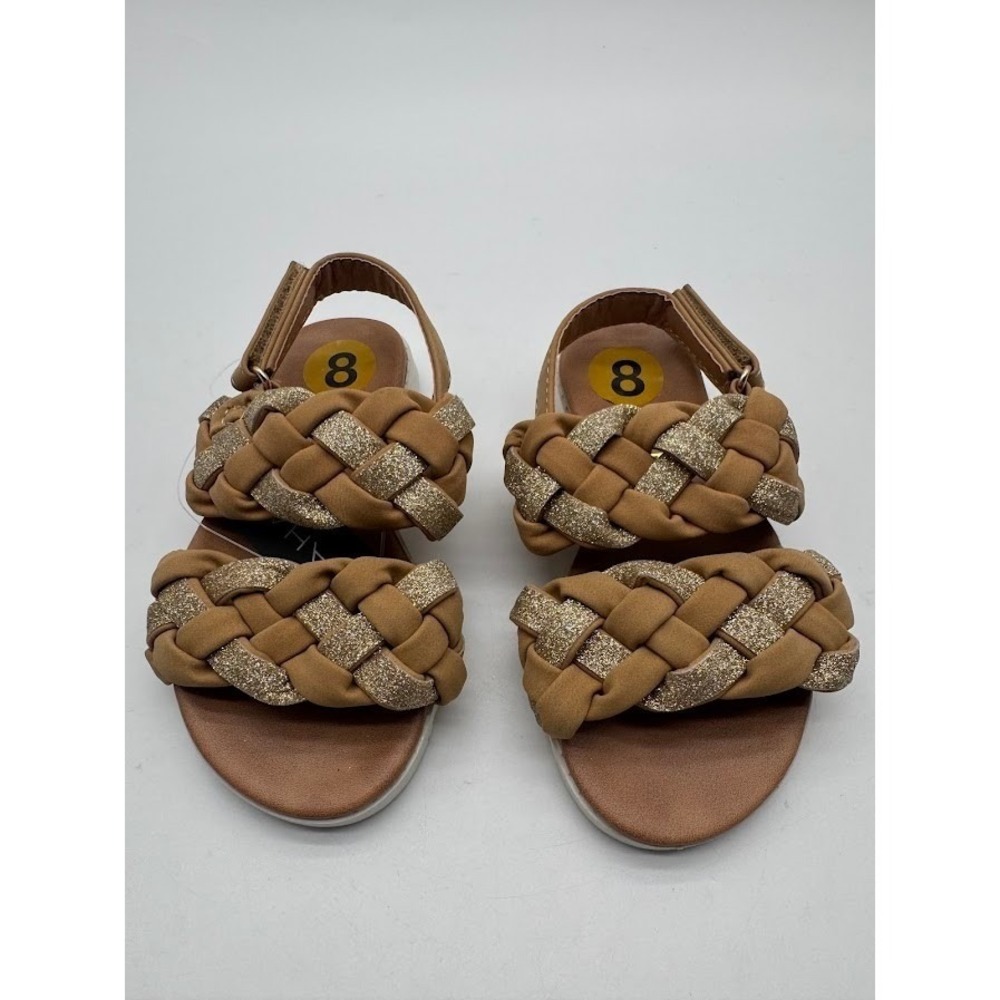 Tahari Girls Braided‎ Sandals Size 8 Brown Gold Glitter Hook Loop Casual Shoes